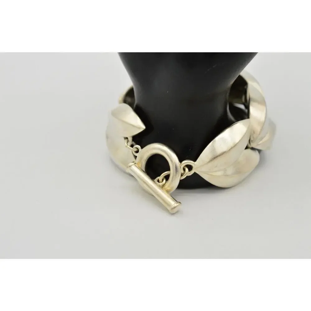 Givenchy Vintage Chunky Bracelet Brushed Silver Leaf Matte Signed 80s 1980s Bin2